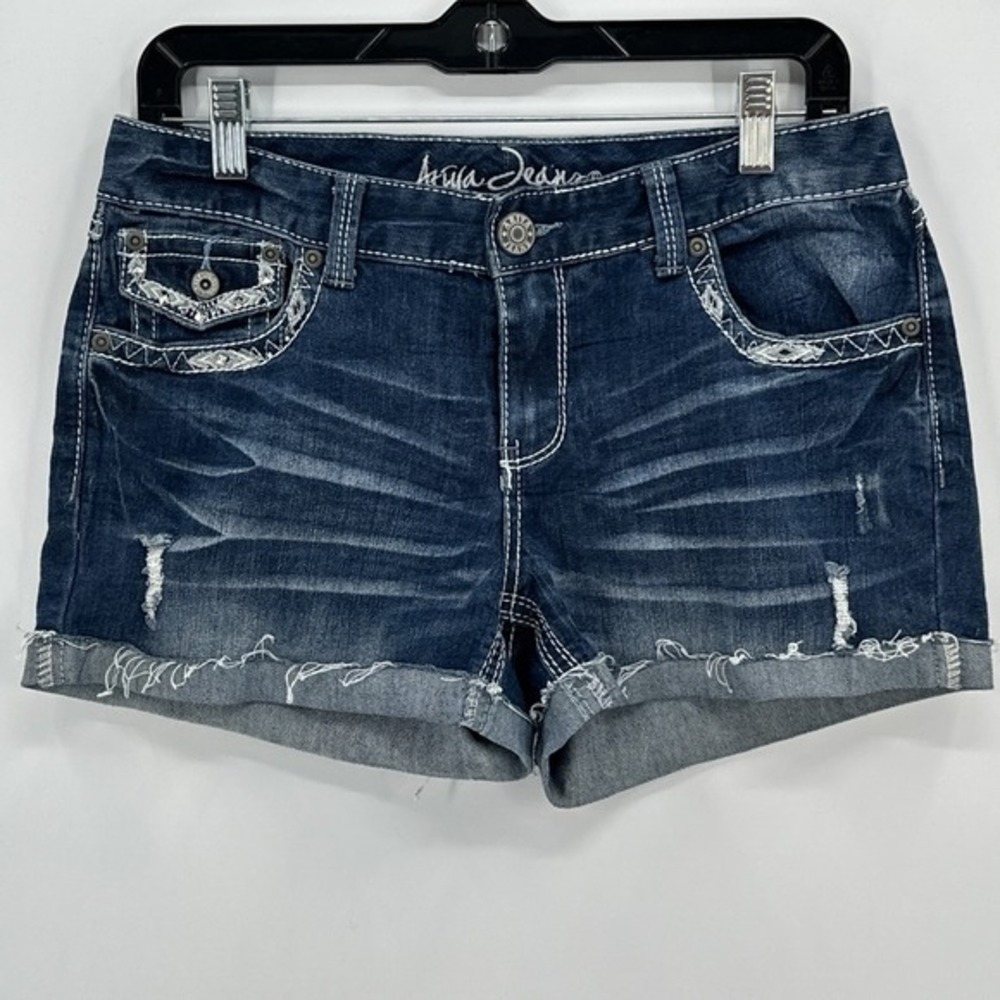 Ariya Jean Shorts Womens 9/10‎ Blue Distressed Low Rise Bermuda Cuffed Stretch